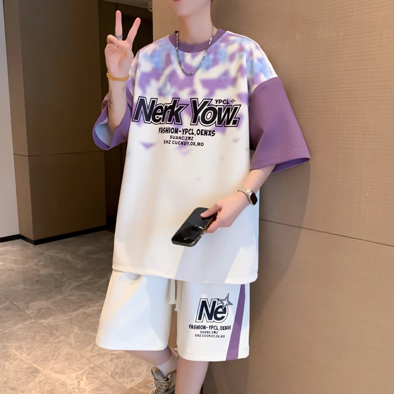 青少年夏季短袖T恤男2025新款初高中学生帅气套装搭配一套衣服