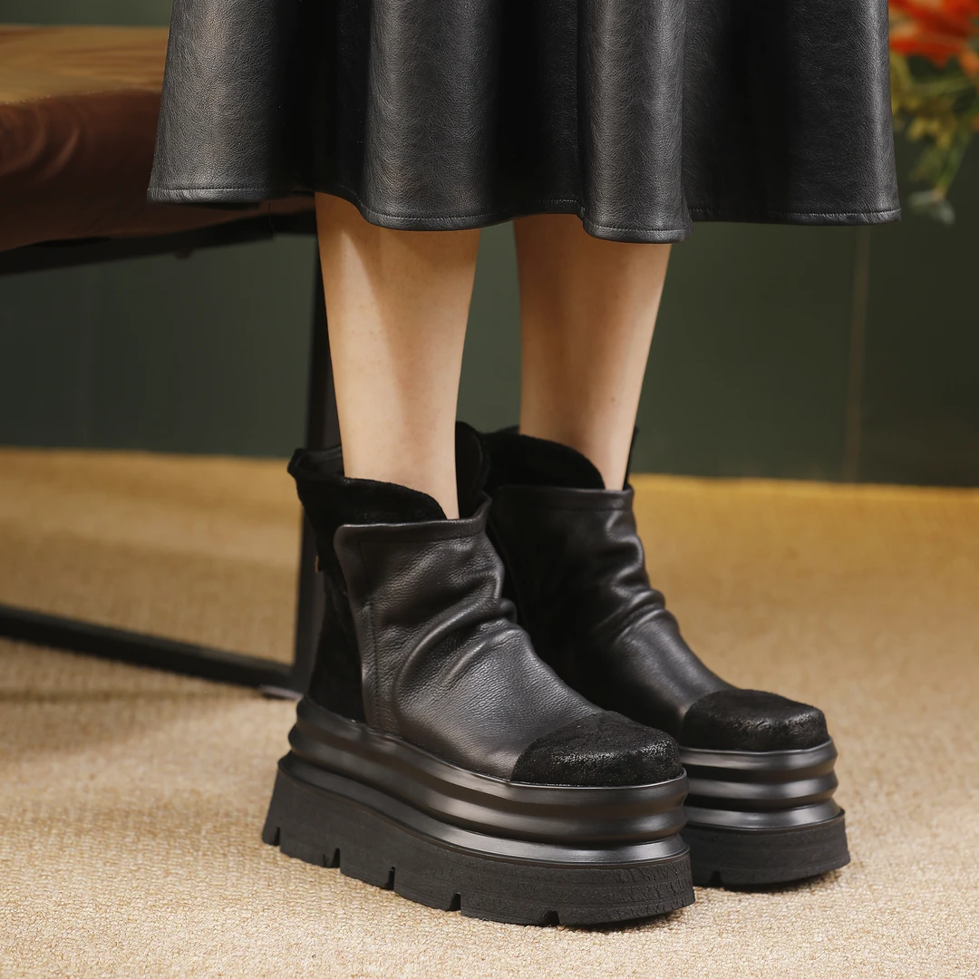 谜丫蜜原创真皮厚底皱皱靴女2025年秋冬新款圆头舒适复古牛皮靴子