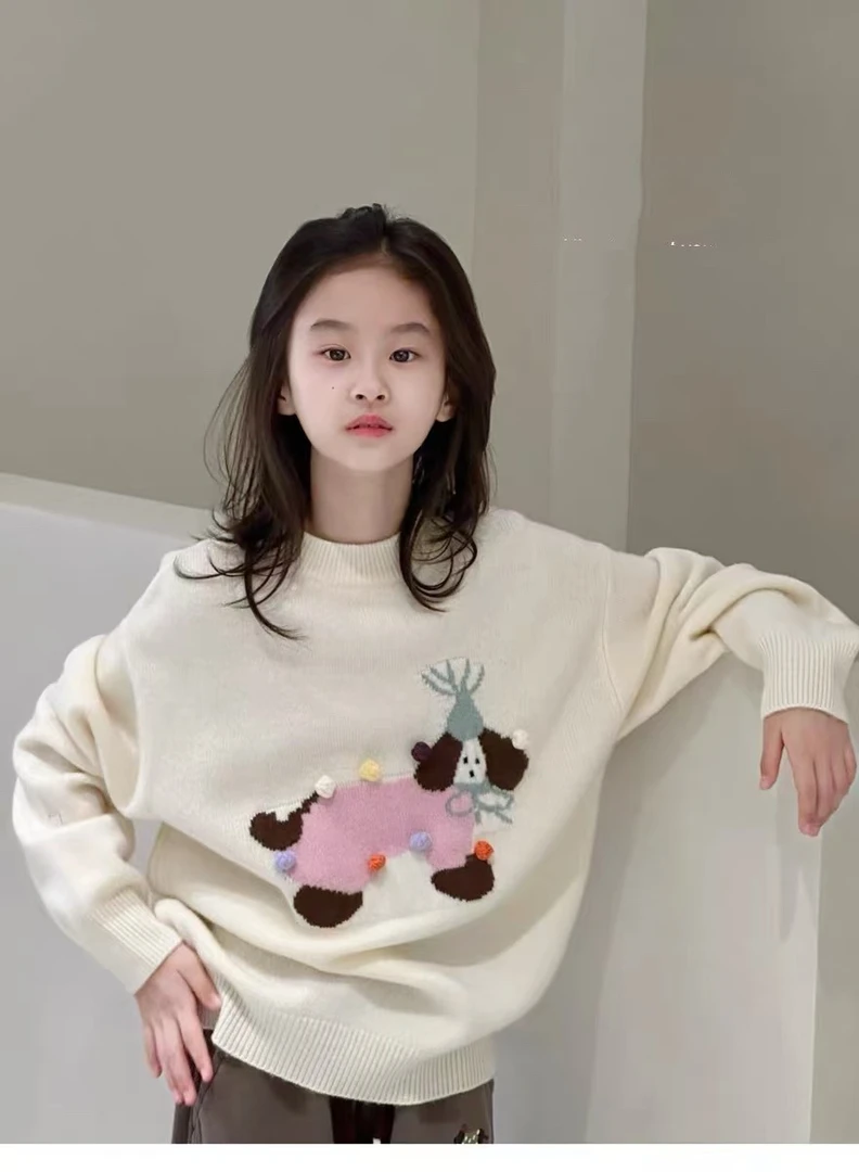 《丁丁优选》280024冬款女童韩版小羊一体绒毛衣韩版圆领针织毛衣