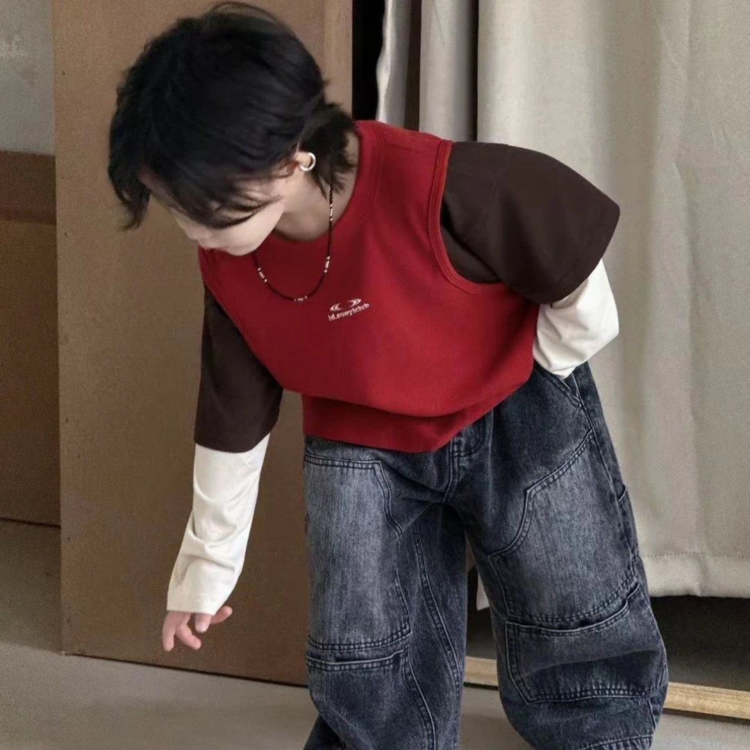 韩系2025年秋季男童套装男童假三件拼接长袖洋气多口袋牛仔裤套装