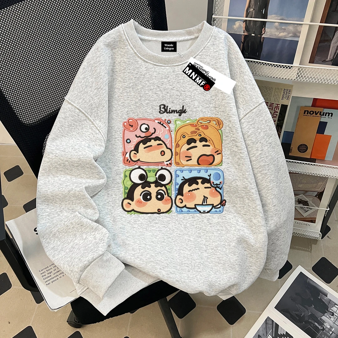 秋季新款男女童薄款圆领卫衣卡通ins蜡笔小新仿刺绣中大童上衣服