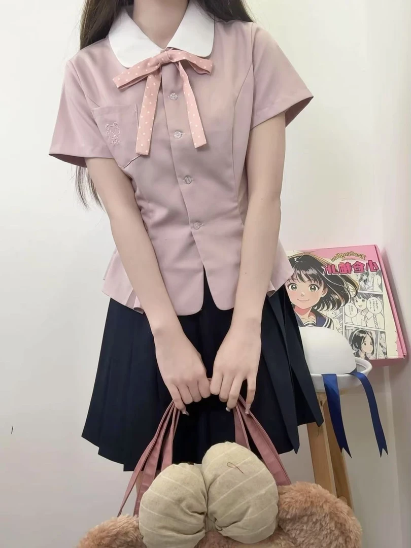 粉色刺绣收腰套装日系设计感学生时尚气质纯色百搭甜美百搭学院风