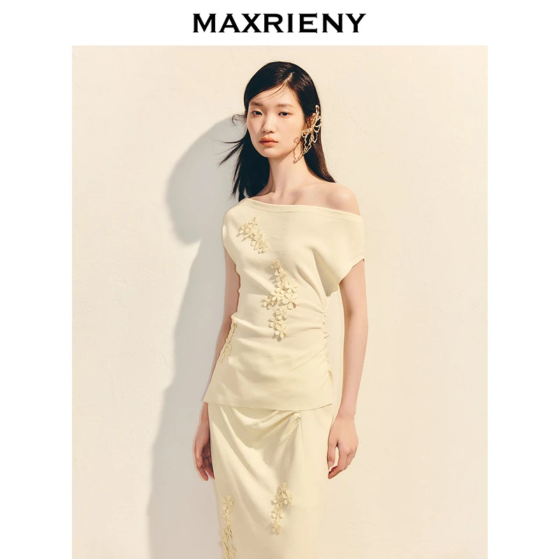 【商场同款】MAXRIENY华丽温柔修身斜肩套头毛衫修身收腰上衣女