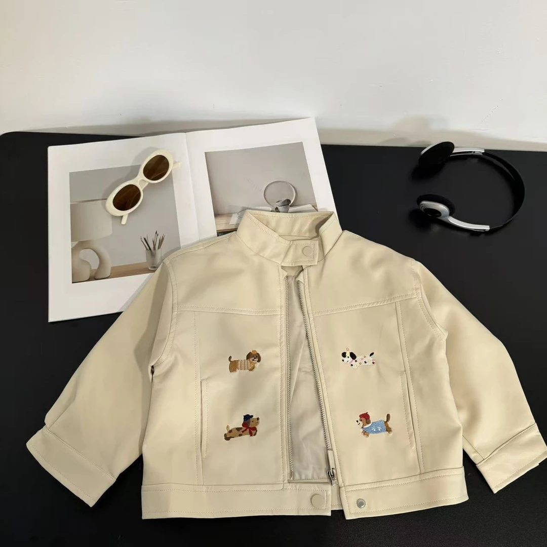 秋装酷帅个性机车风儿童夹克上衣男童立领拉链外套小狗刺绣皮衣潮