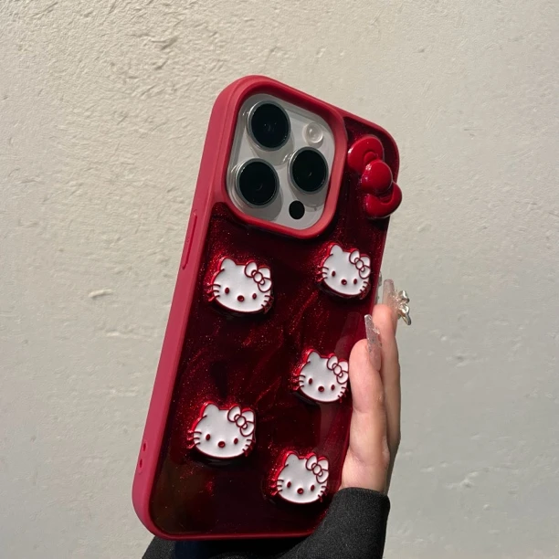 适用iPhone16promax手机壳15pro新年酒红滴胶闪粉立体kt猫14高级
