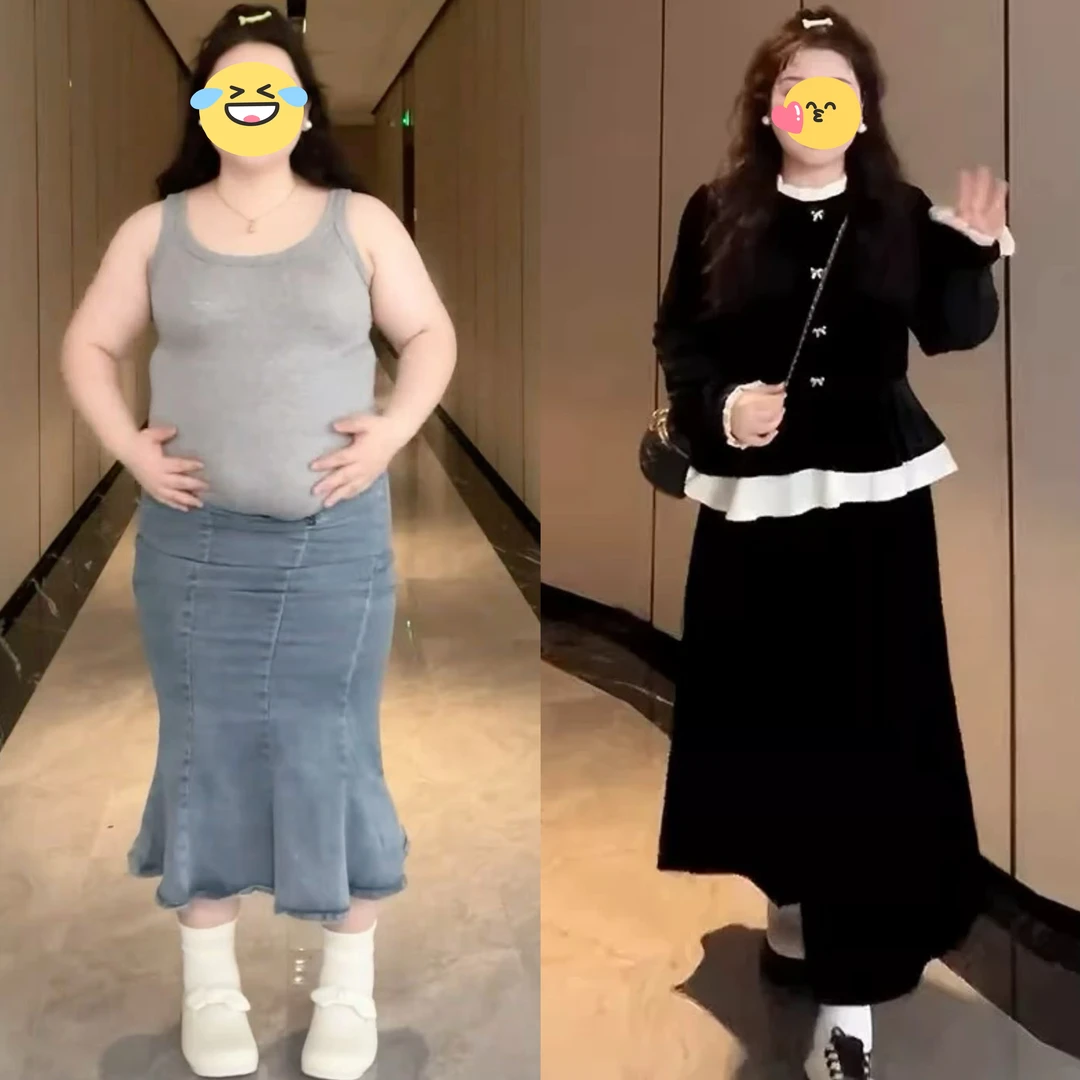 大码蝴蝶结收腰上衣丝绒半身裙两件套女胖mm显瘦秋季穿搭一整套装