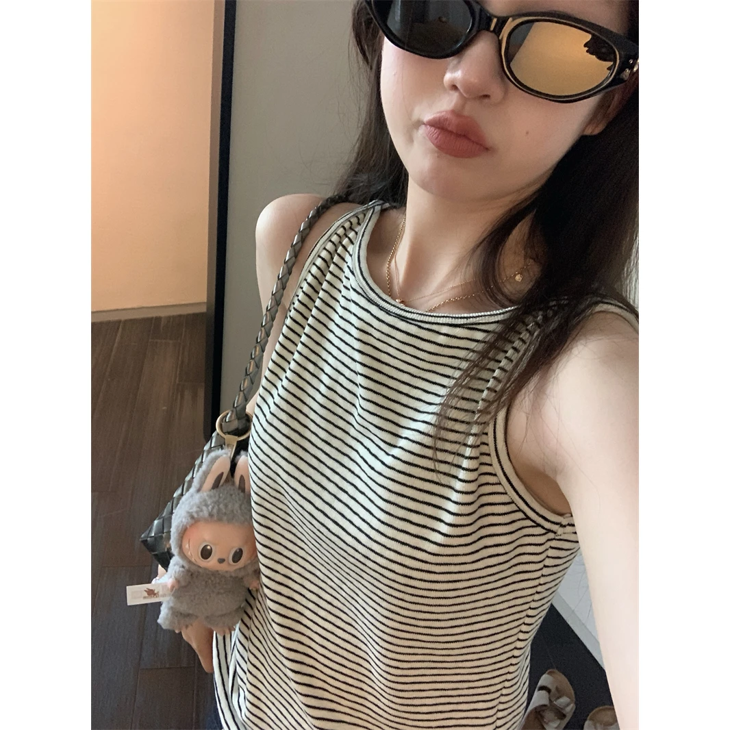 韩系时尚休闲设计感百搭条纹无袖背心女2025夏季新款宽松短袖上衣