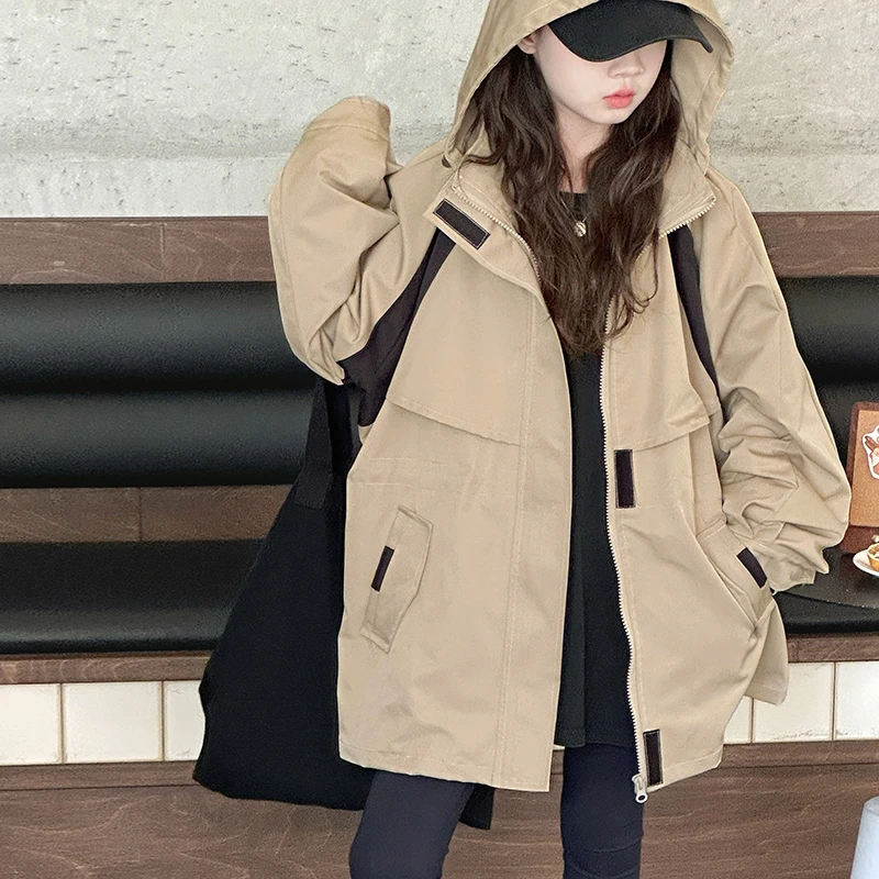 女童风衣外套春秋2025新款儿童大童女孩韩版收腰连帽中长款冲锋衣