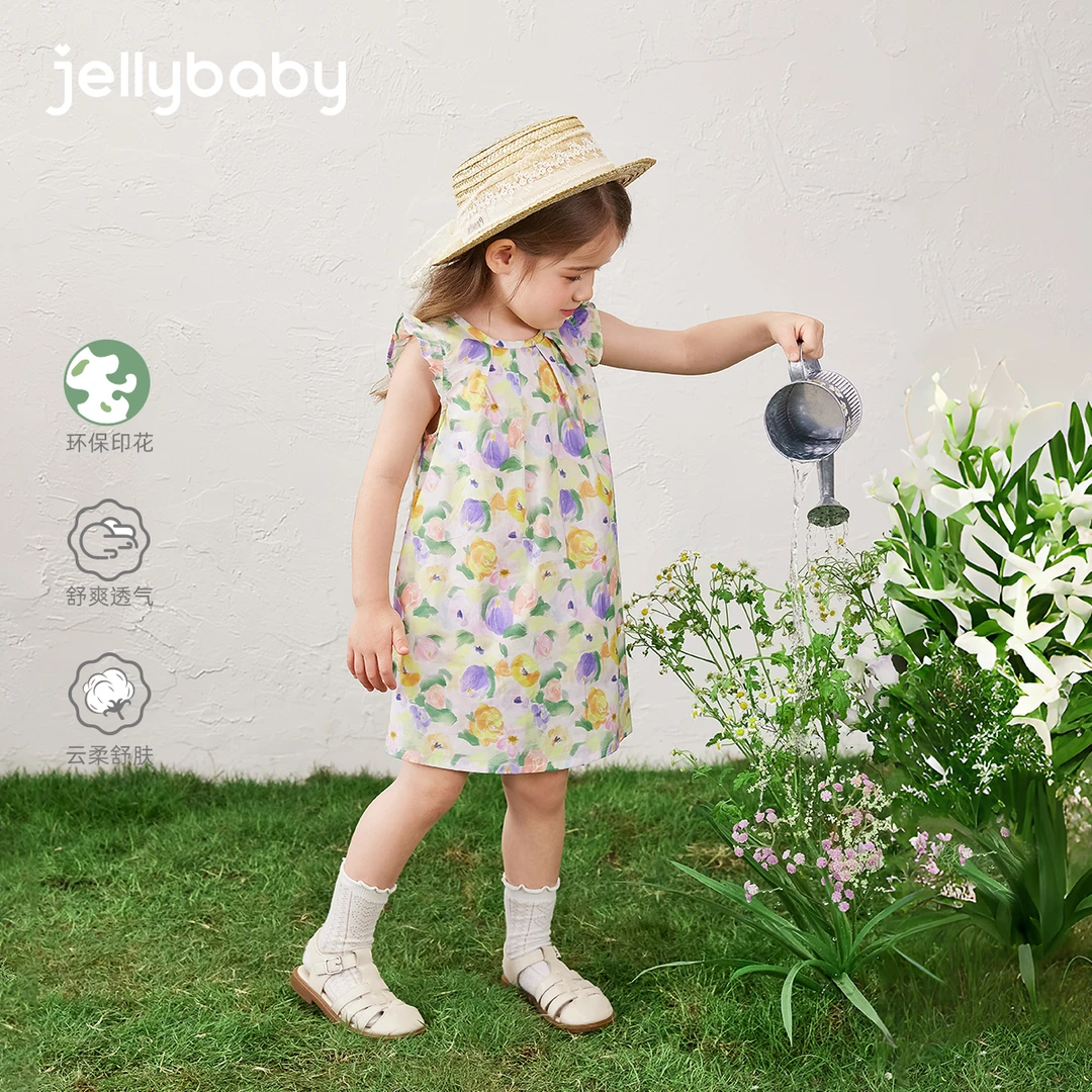 杰里贝比飞飞袖夏款女童连衣裙中童梭织裙法式 JQG52573