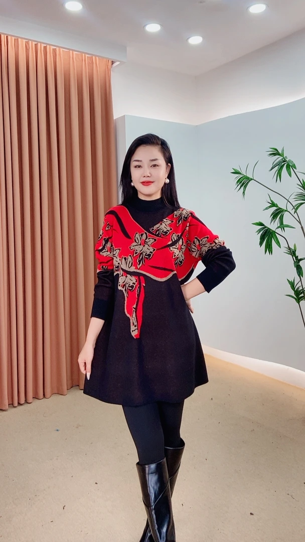 345休闲风半高领中长款女装盘扣加厚绣花民族风