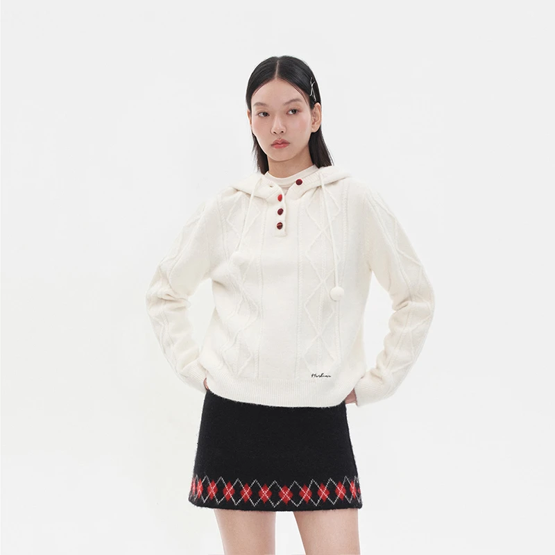 【HERLIAN】新品25秋冬黑红格子包扣设计连帽针织衫女