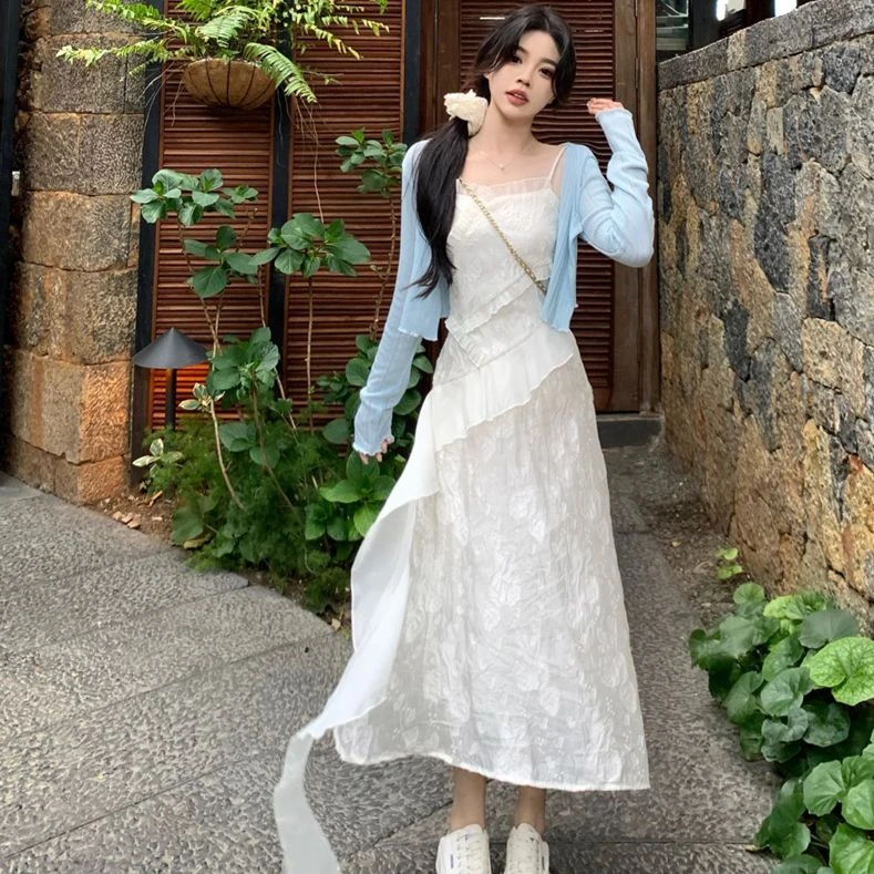 胖颖专属大码春夏季新款胖MM韩系甜美法式气质仙女长裙+开衫8839