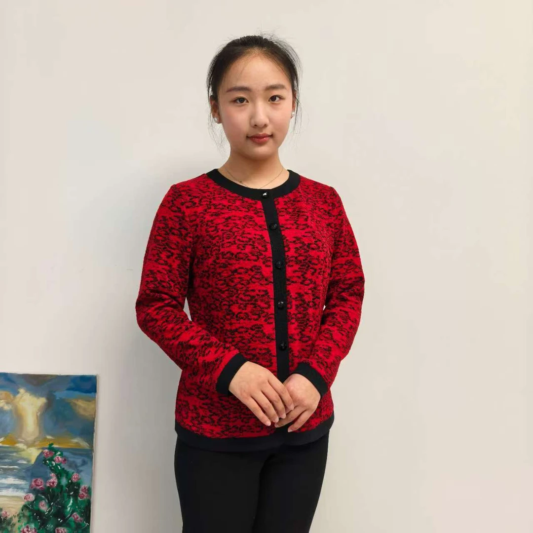 针织色织提花镶边豹纹开衫女款长袖户外休闲印花