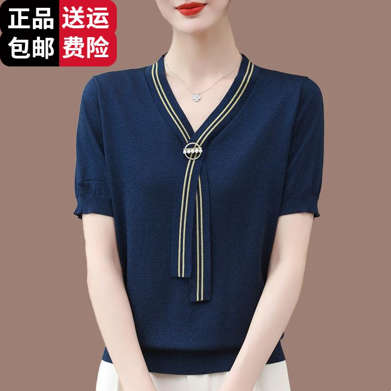 恒源祥彩羊大牌高贵妈妈装夏季桑蚕丝短袖t恤女大码遮肚洋气减龄V