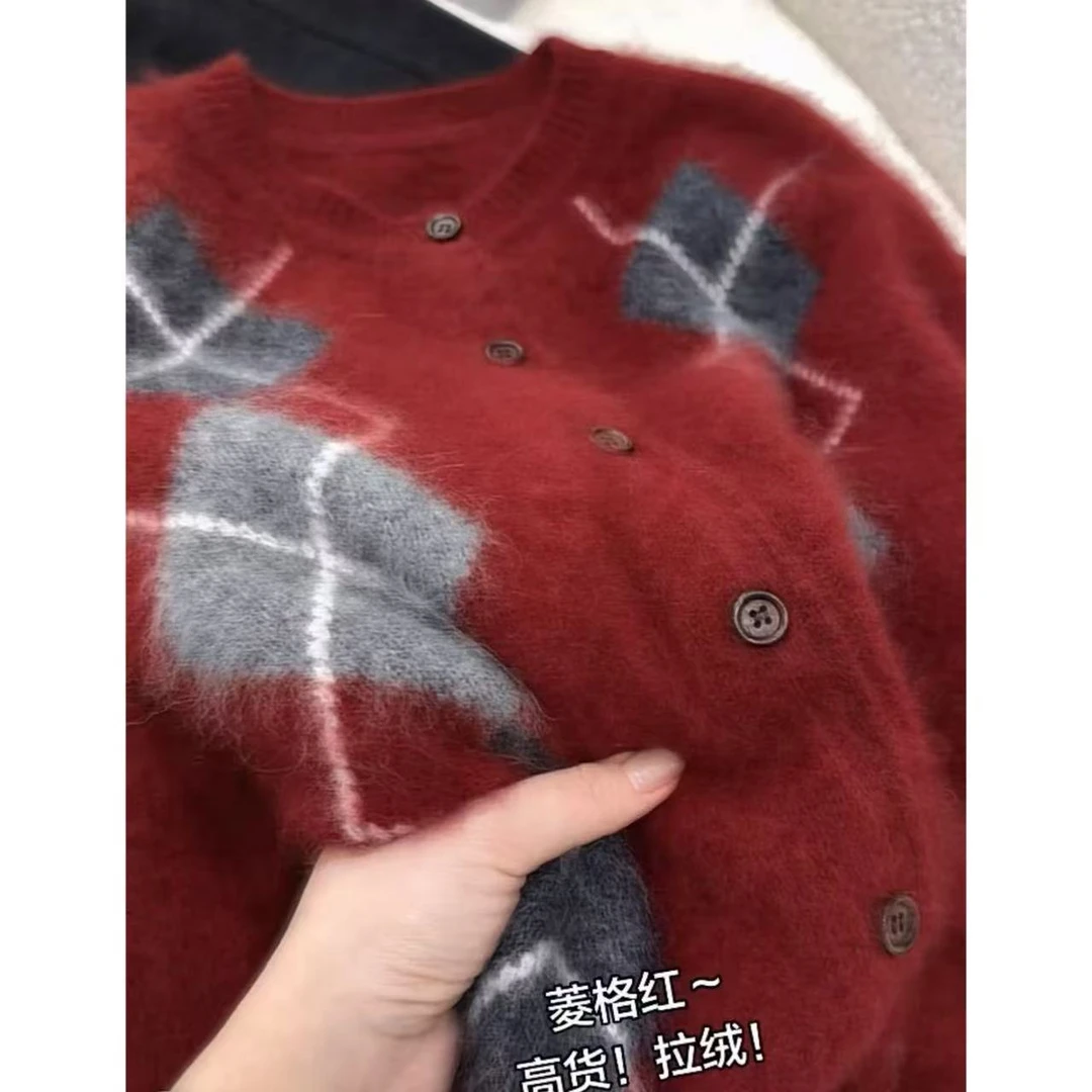 丽姐家~高货红菱格大角羊开衫长袖洋气针织百搭宽松秋冬上衣