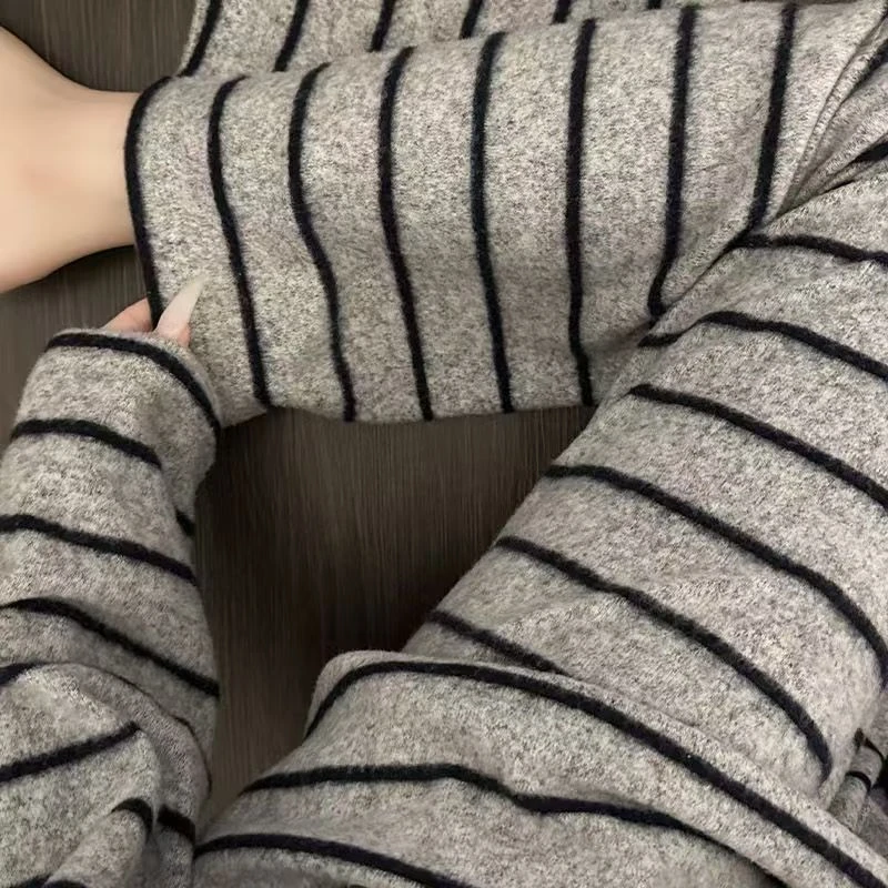 简约韩版少女德绒条纹撞色睡衣女秋冬季新款套装居家服爆款可外穿