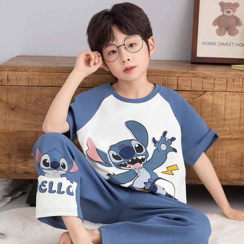2025夏季新款男女中大童短袖纯棉史迪仔卡通睡衣儿童休闲童装套装