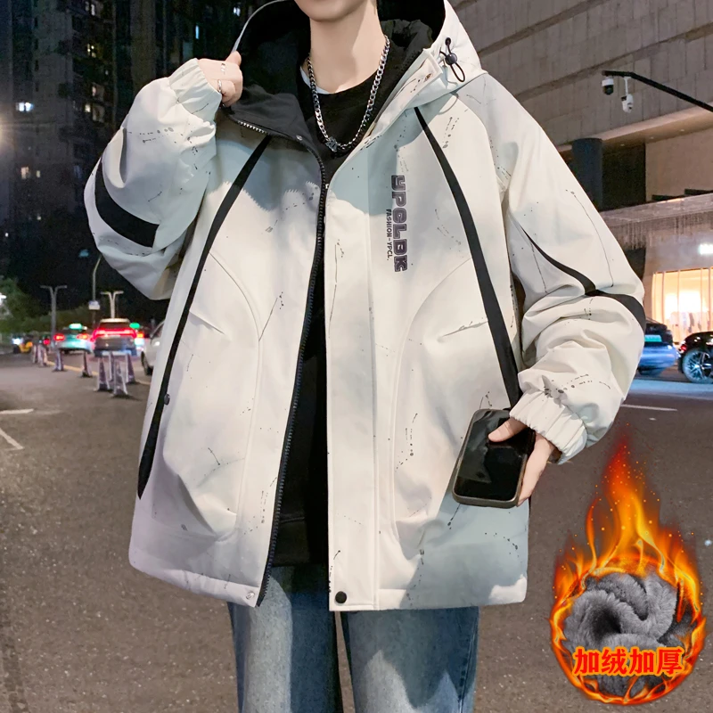 秋冬男生美式宽松潮流外套加绒加厚上衣休闲长袖冲锋连帽保暖夹克