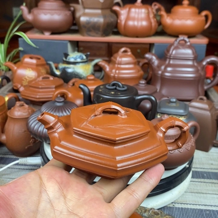 茶壶紫砂六方扁竹150cc原矿赵庄朱泥特价