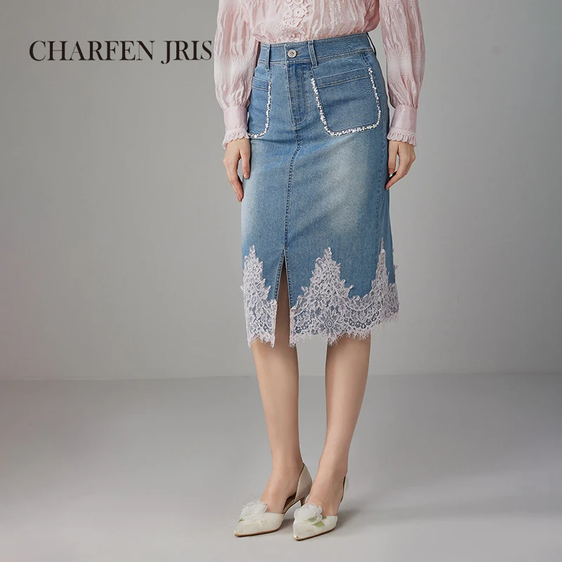 【媛媛专享】朝峰蕾丝牛仔拼接直筒裙FJF1B623-6161S