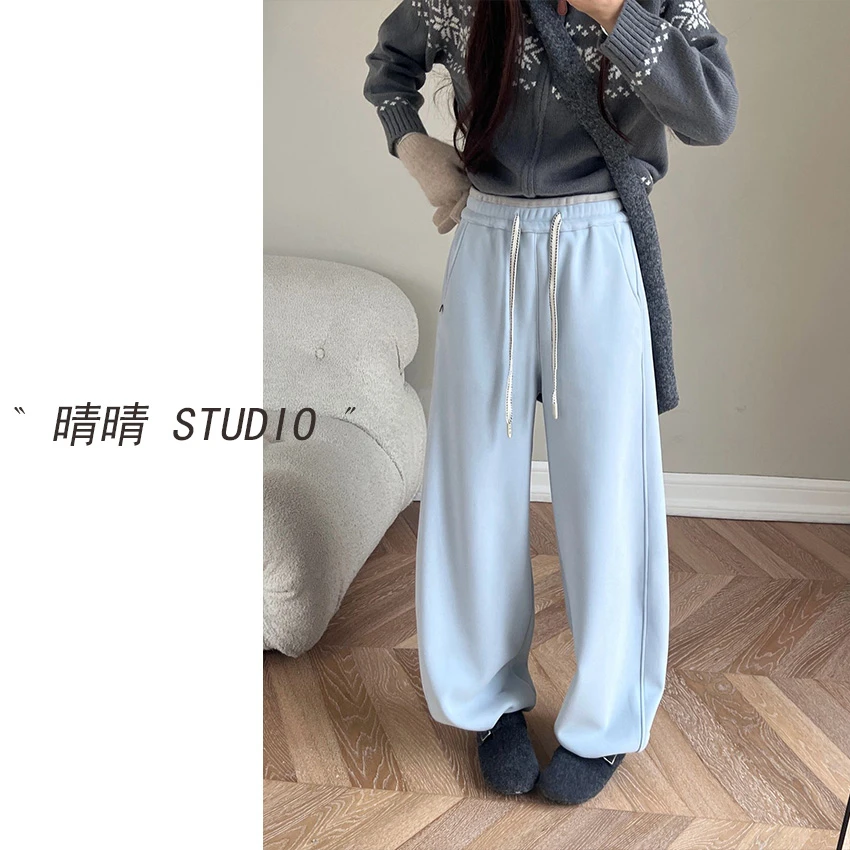 晴晴家-「卖了三年的羊驼绒」去南极都不冷~简约拼色阔腿卫裤3445
