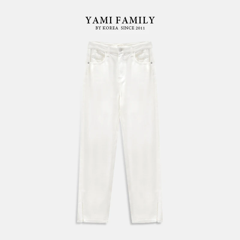 【白雪天】YM-NZK-2134 牛仔裤白色中腰阔腿简约宽松设计师经典