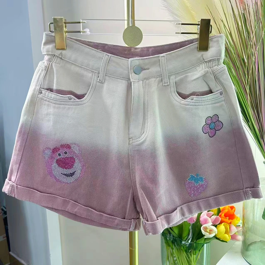 【Ron】草莓熊 渐变扎染紫松紧夏季休闲牛仔短裤