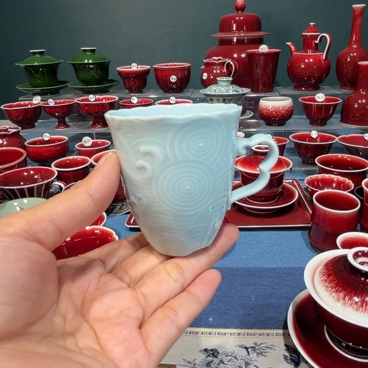 景德镇陶瓷浅行窑雕刻天青釉咖啡杯