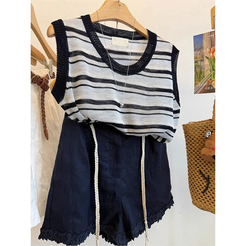 韩版撞色条纹针织背心女夏季圆领气质无袖软糯套头无袖吊带上衣薄
