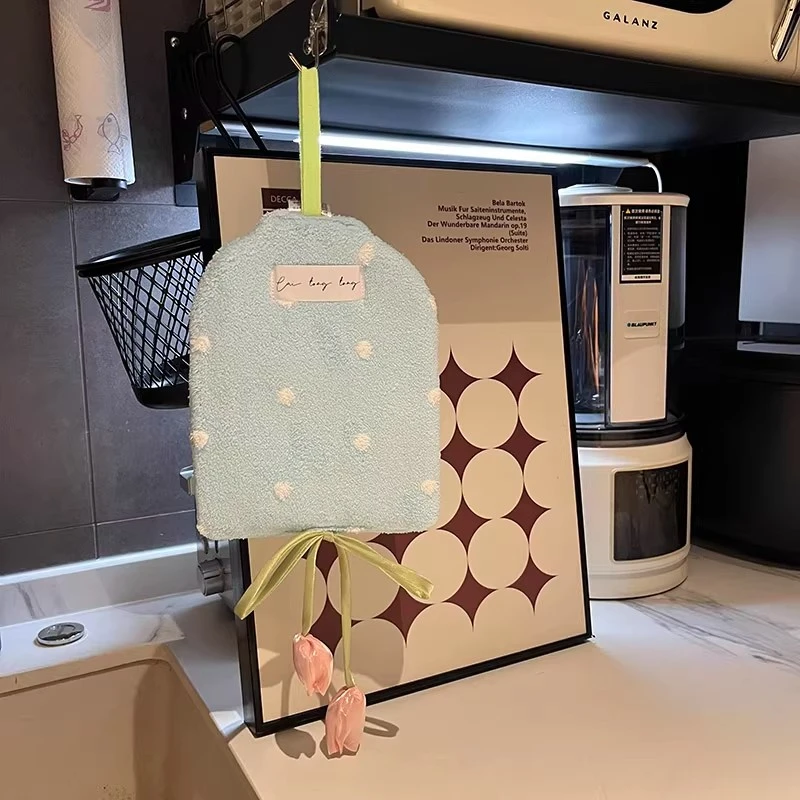 春日郁金香波点擦手巾挂式可爱卫生间吸水毛巾厨房珊瑚绒手帕便携