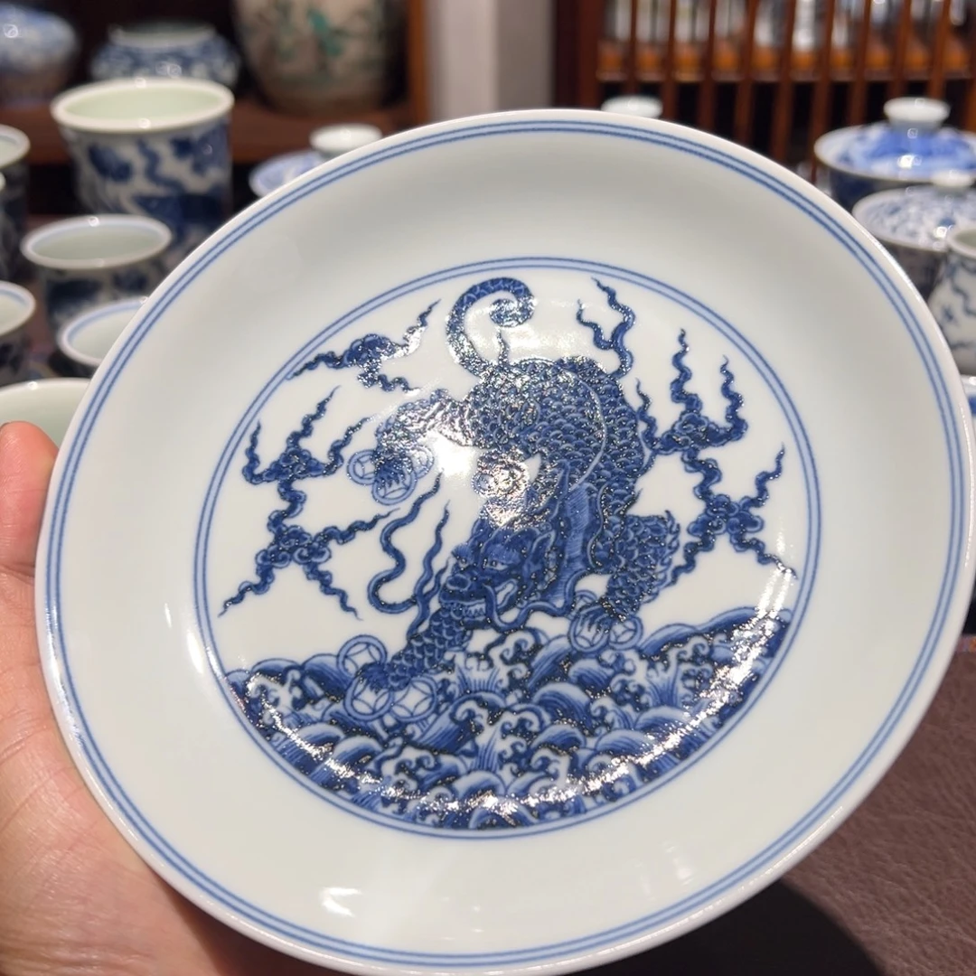 精品青花貔貅纹壶承赏盘直径约16.8厘米