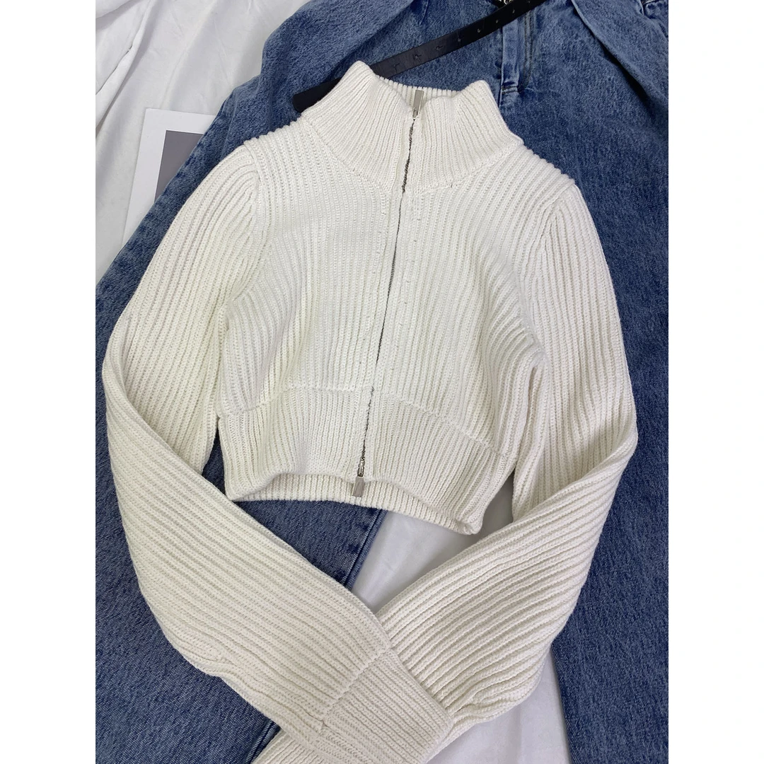 22653-高领露腰拉链针织衫修身显瘦毛衣外套