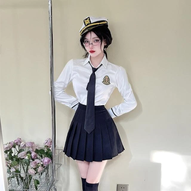 学院风英伦校服jk制服套装秋季减龄白色长袖衬衣+百褶裙两件套装