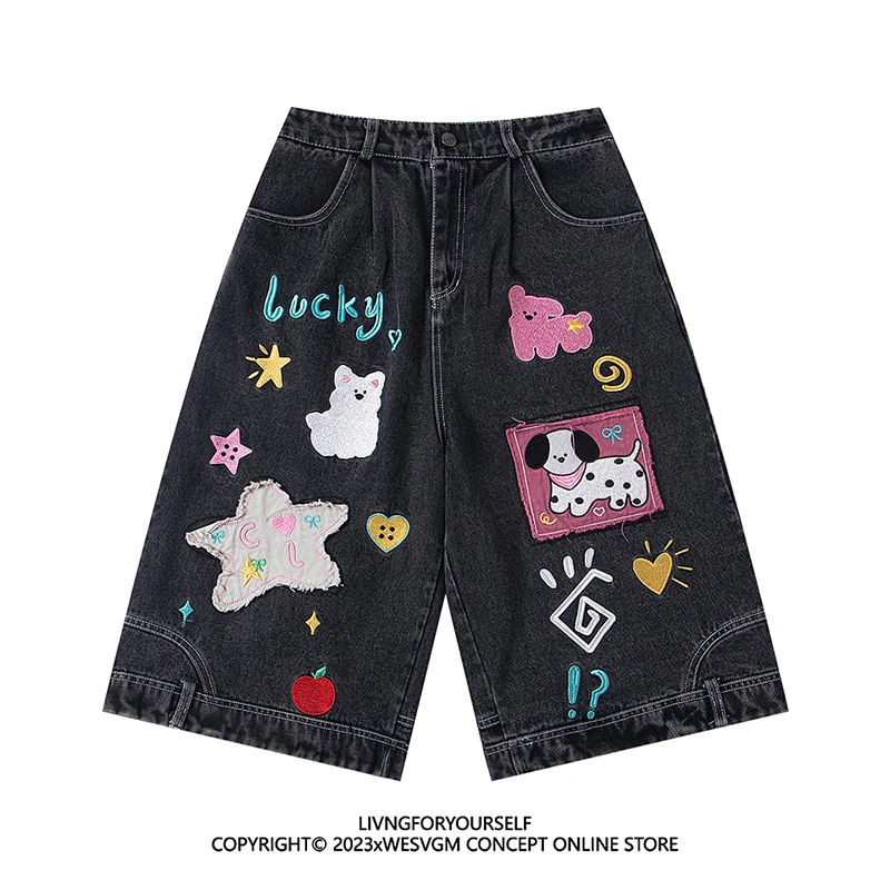 美式设计感小众卡通刺绣牛仔七分裤男女夏季新款宽松直筒阔腿短裤