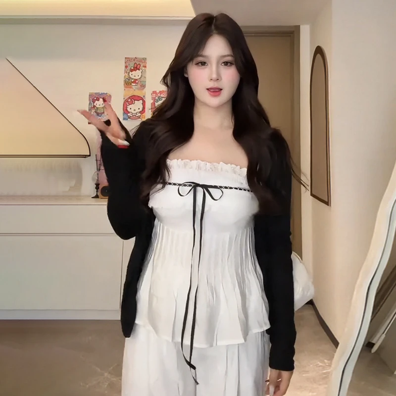 【8963】纯欲风辣妹蕾丝拼接抹胸背心外搭防晒开衫夏季两件套装女