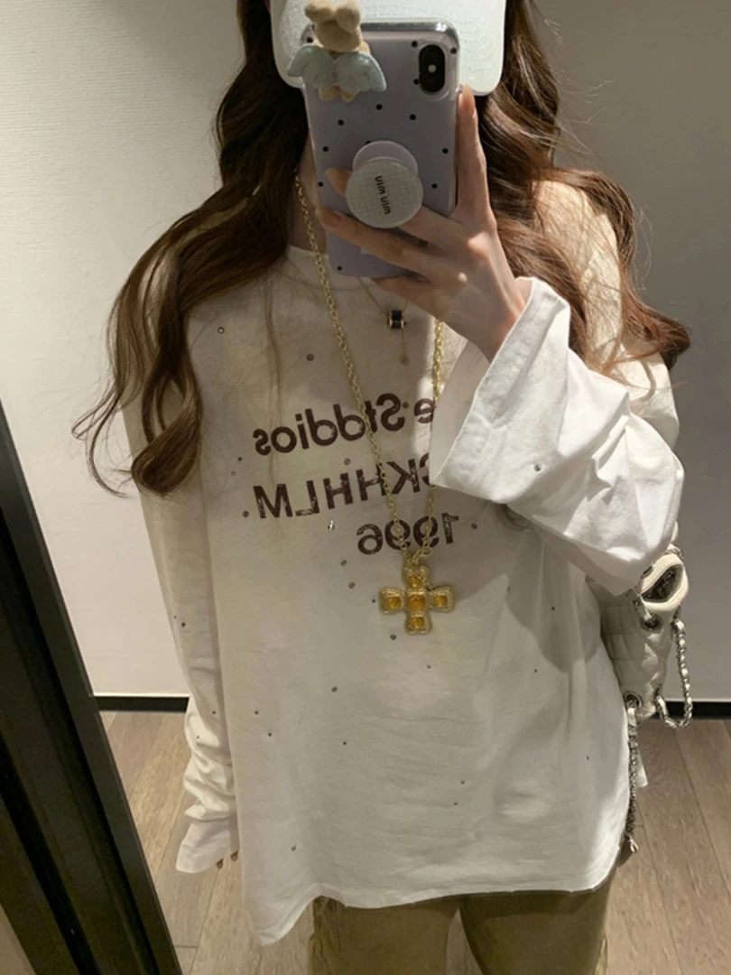 美式高街烫钻工艺字母长袖t恤女春秋宽松设计感小众休闲百搭上衣