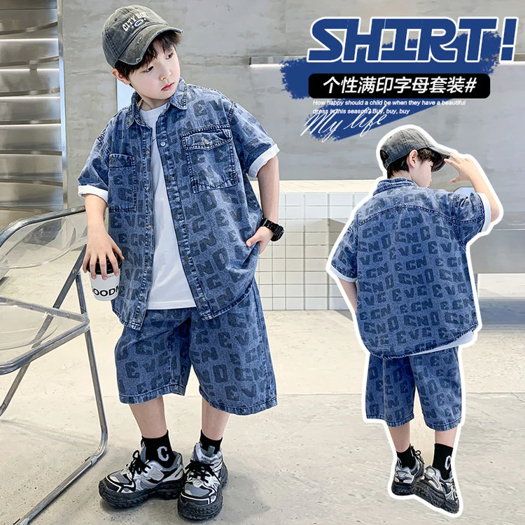 儿童套装牛仔男童夏季夏装个性满印洋气时尚休闲薄款男孩中大童