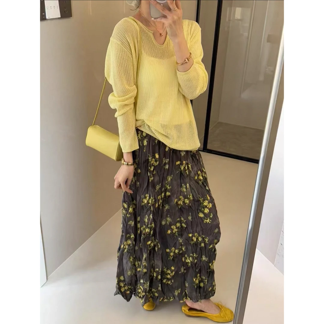 春夏褶皱印花半身裙时尚减龄百搭小碎花中长裙女松紧腰大摆裙8171