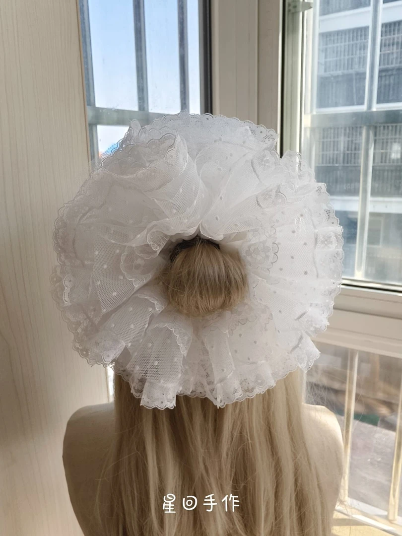 波点沙沙蕾丝白色六层丸子头发圈超饱满