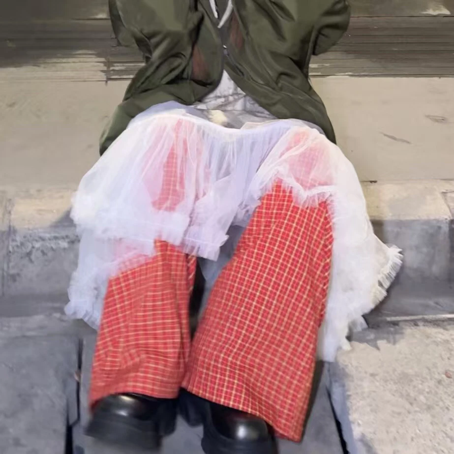 森系格子橘调休闲裤