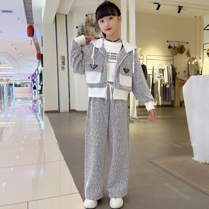 女童开衫拼接小香风套装2025年春季新款中大童洋气时尚百搭两件套