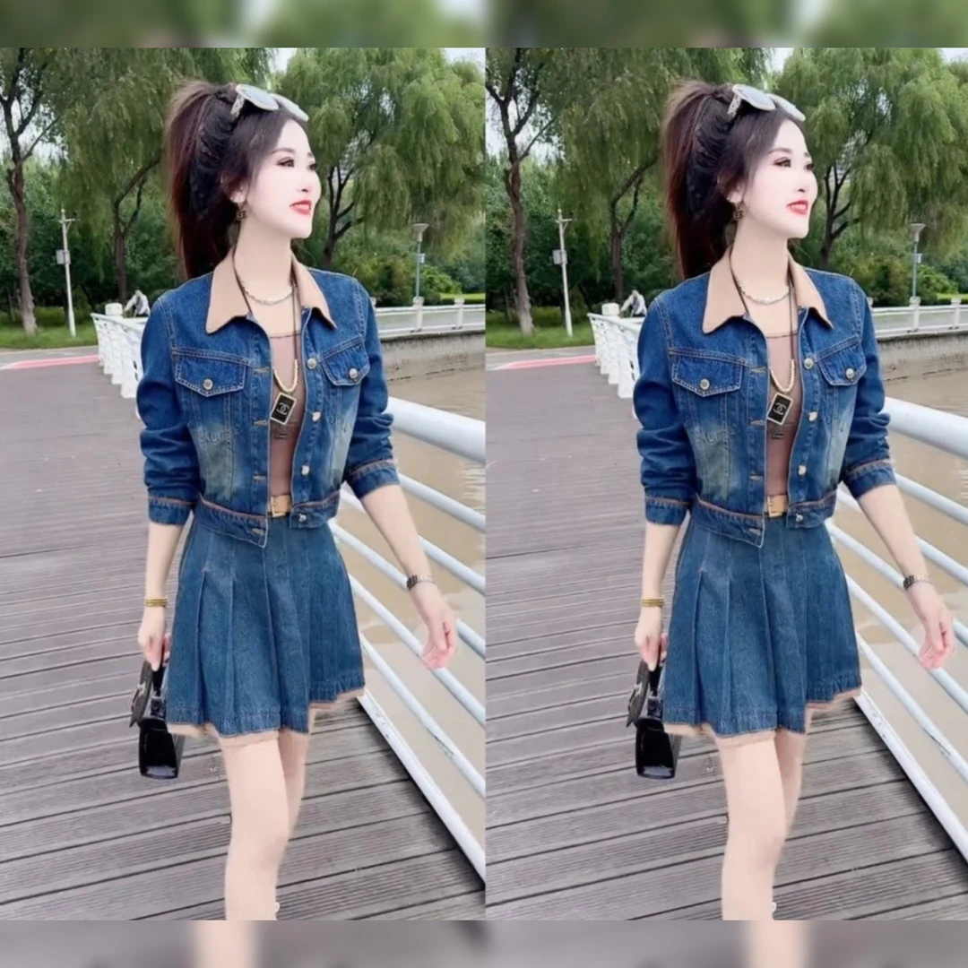 复古水洗牛仔套装女时尚拼接外套百褶裙两件套