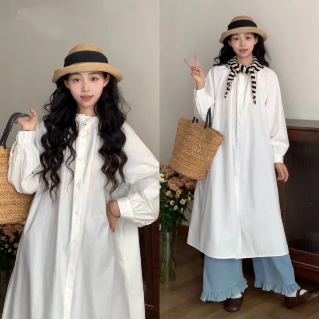 2205 “初恋感～”森系慵懒感木耳捏摺宽松衬衫裙