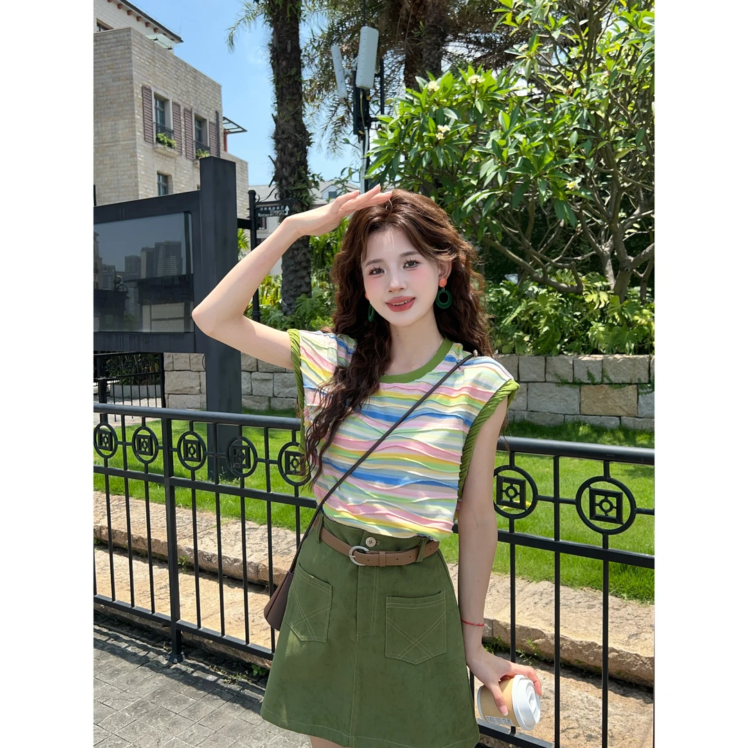 温舒敏【彩虹】港风复古夏季短袖条纹T恤休闲显瘦上衣MK0725474