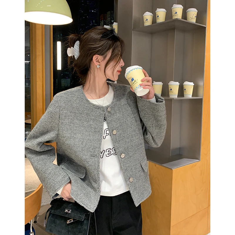 清仓 羊毛圆领小香风外套女短款春季新款高级感法式短款气质上衣