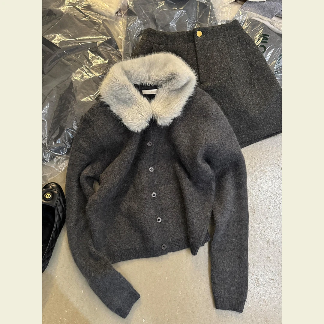 巨好看的穿搭一整套小香风内搭灰色针织毛衣短裤两件套装女冬