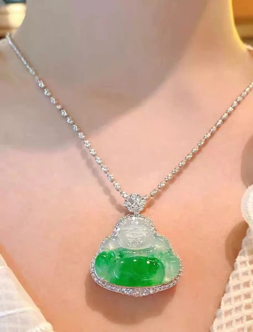 链子925银 天然弥勒佛公吊坠飘绿花项链男女款18k金镶嵌气质轻奢