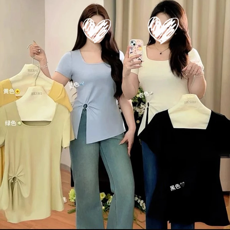 大码微胖休闲短袖T恤女夏季新款不规则开叉胖MM遮肉显瘦上衣-7060