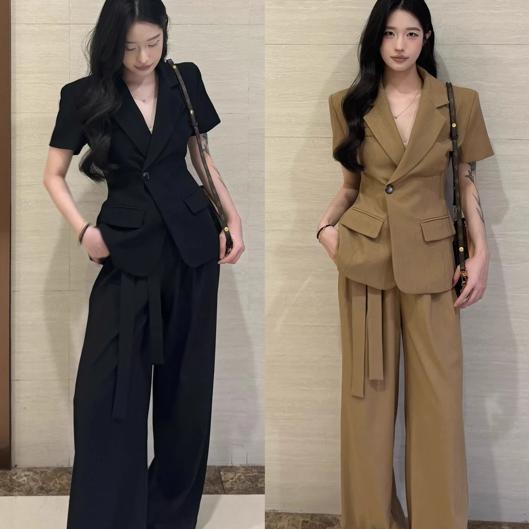大码女装薄款短袖西装套装胖mm夏季新款韩系收腰西服阔腿裤两件套