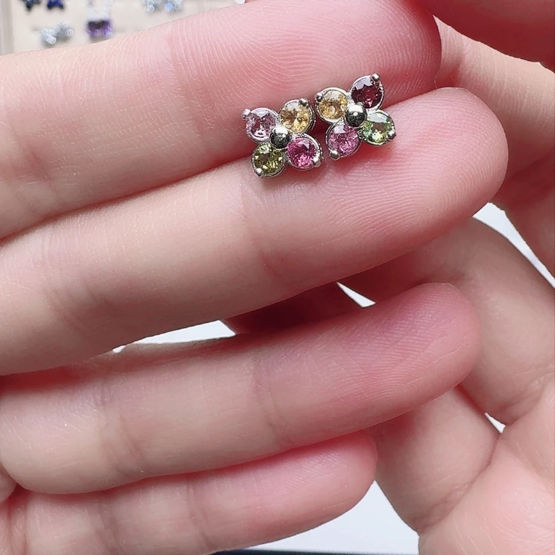 碧玺耳饰银S925镶嵌耳钉